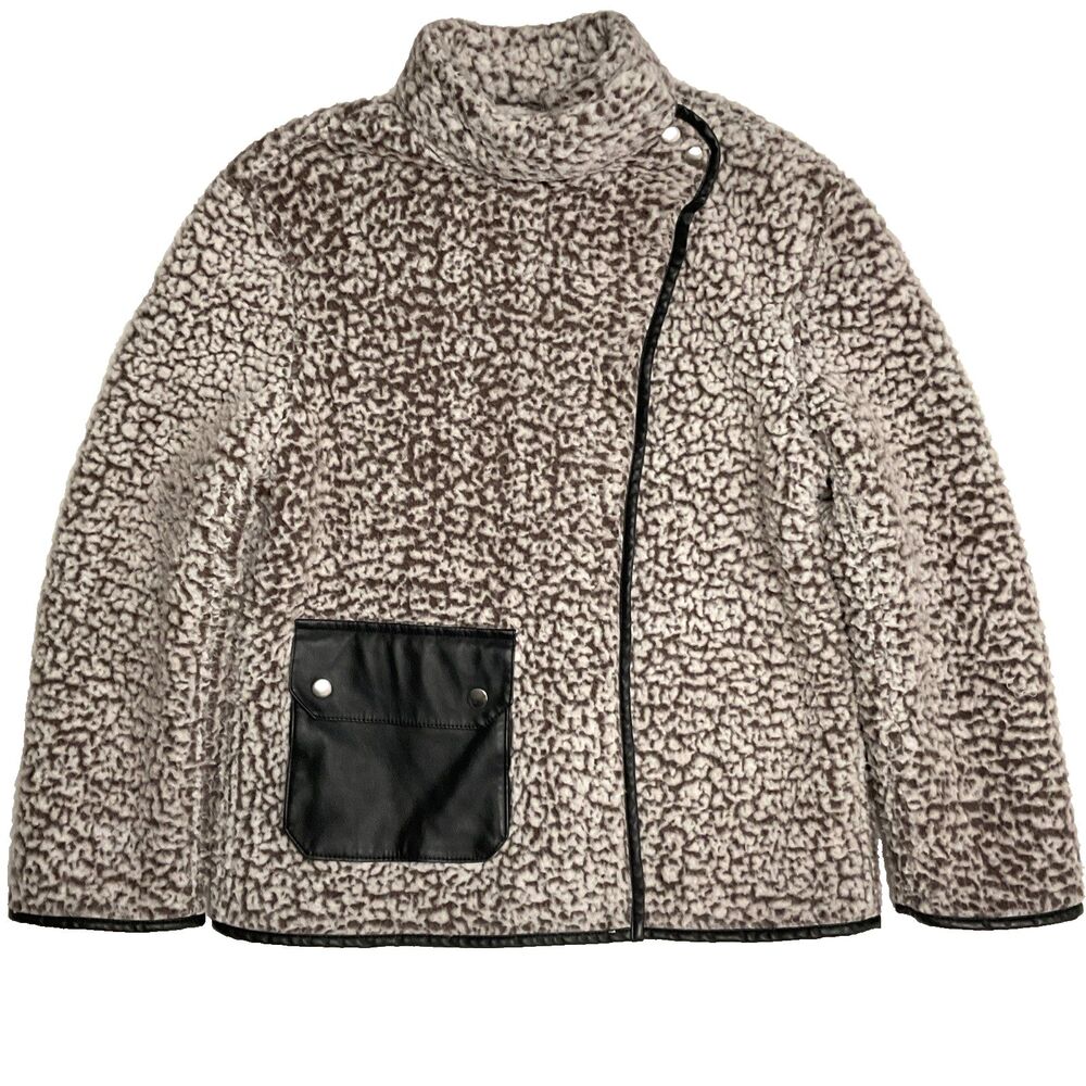 Dylan Small Jacket Open Sherpa Teddy Snap Neck Brown Gray Black Trim Women's S